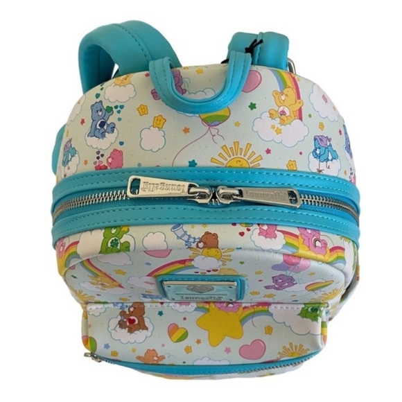 Loungefly Care Bears AOP Rainbow & Clouds Mini Backpack, White & Turquoise, NEW